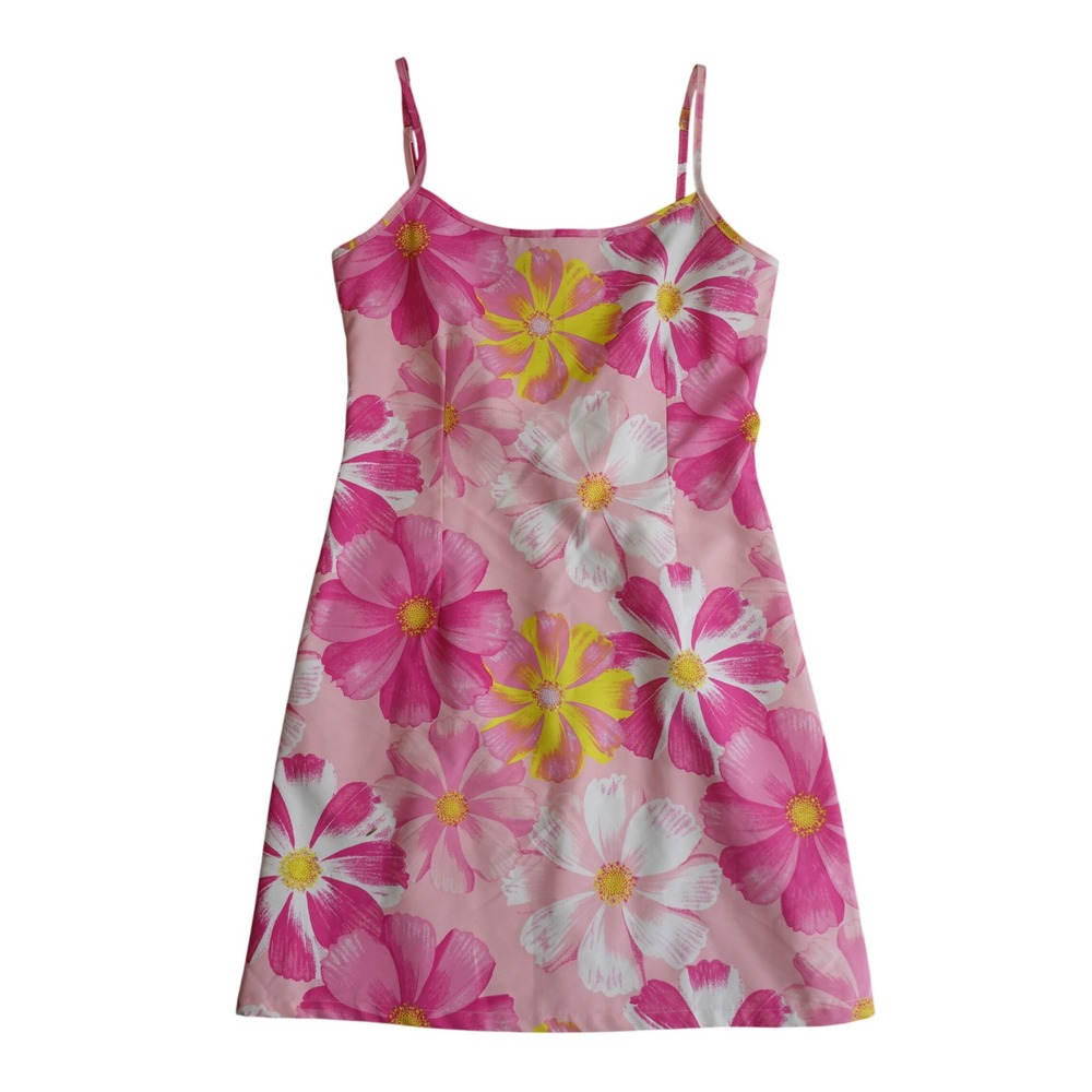 Vintage 90s Rampage Swim Mini Dress 3/4 Pink Floral Retro Barbie Kitsch Sundress